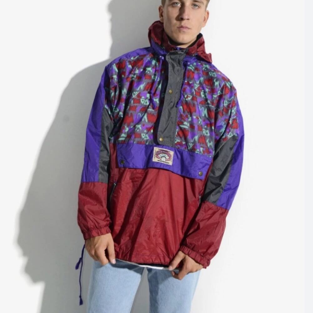 San Marco Vintage Mens Retro Windbreaker Nylon Hood Abstract Large Purple Red